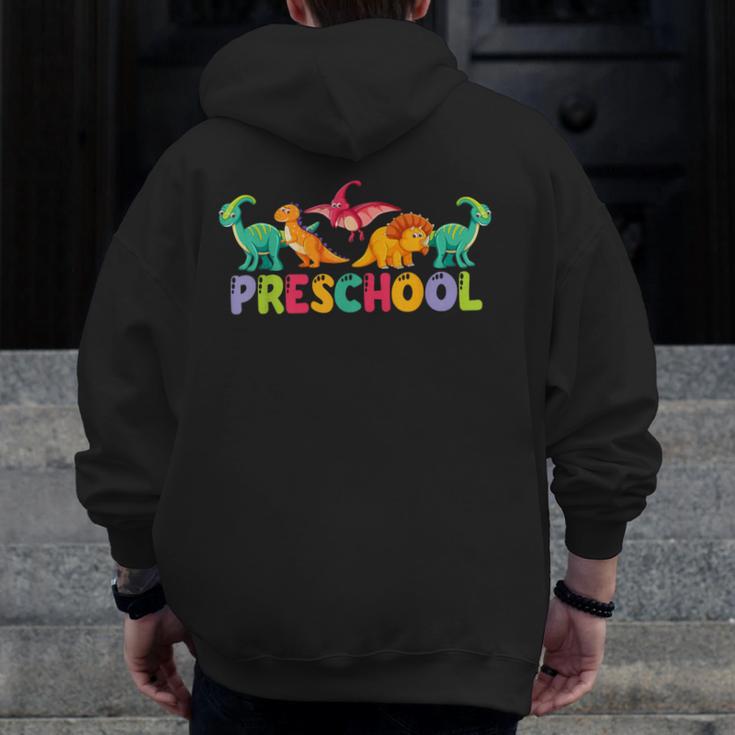 Retro Preschool Cute Dinosaur Preschool Teacher Kids Boys Men Zip Up Hoodie Back Print, funny design