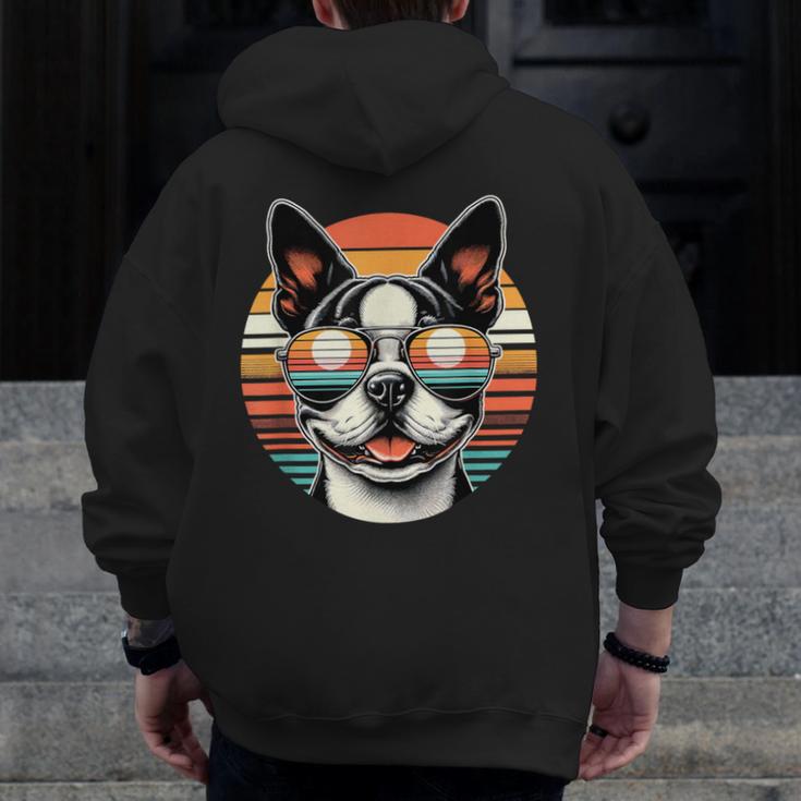 Retro Sunset Sunglasses Boston Terrier Boston Bull Bostie Men Zip Up Hoodie Back Print, funny design