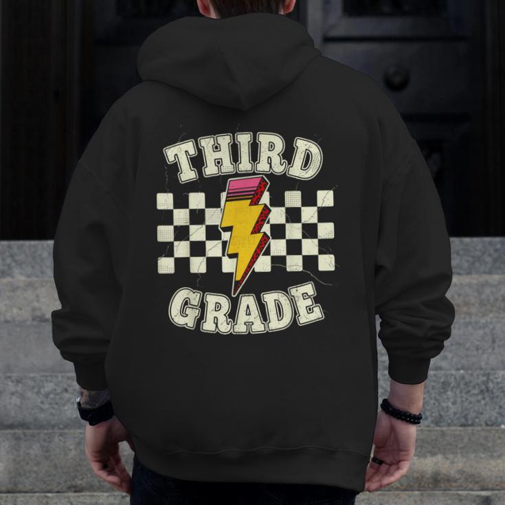 Retro Third Grade Teacher Lightning Bolt Pencil Teacher Kids Men Zip Up Hoodie Back Print, funny design