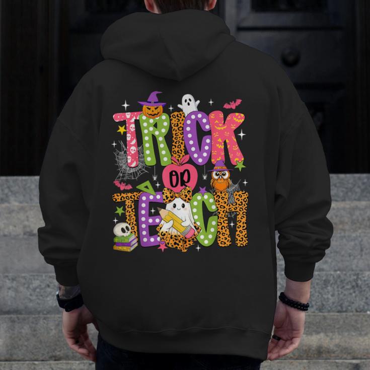 Retro Trick Or Teach Leopard Ghost Halloween Spooky Teacher Men Zip Up Hoodie Back Print, funny design Retro Trick Or Teach Leopard Ghost Halloween Spooky Teacher Men Zip Up Hoodie Back Print, funny design