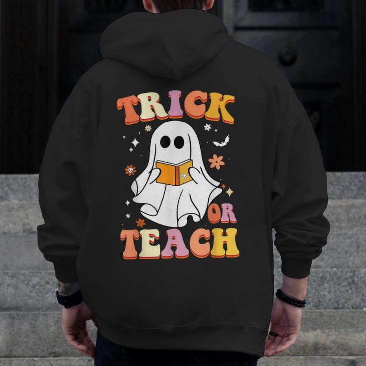 Retro Vintage Groovy Trick Or Teach Teacher Halloween For Men Women Kids Men Zip Up Hoodie Back Print, Groovy Teacher Gifts, funny design