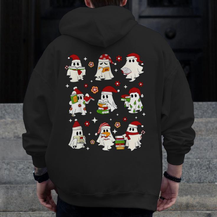 Santa Ghost Reading Books Christmas Library Teacher Men Zip Up Hoodie Back Print, funny design