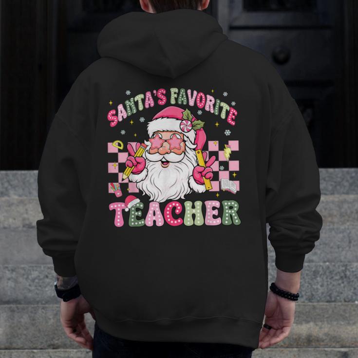 Santa's Favorite Teacher Groovy Christmas Teacher Boys Girls Men Zip Up Hoodie Back Print, Groovy Teacher Gifts, funny design