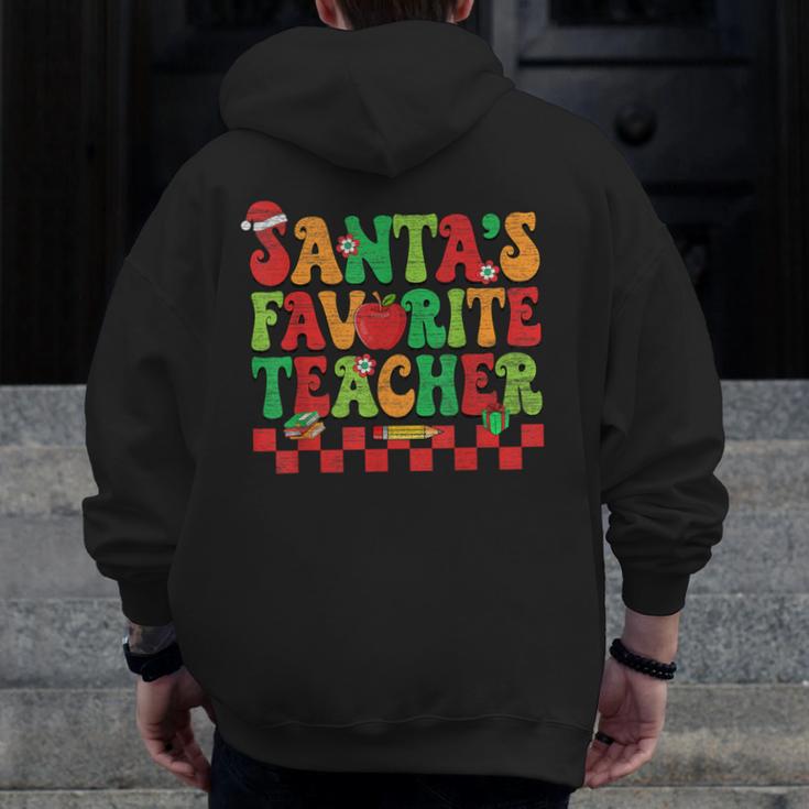 Santas Favorite Teacher Retro Groovy Christmas Xmas Women Men Zip Up Hoodie Back Print, Groovy Teacher Gifts, funny design