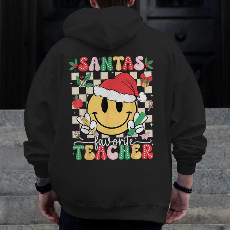 Santas Favorite Teacher Retro Groovy Smile Face Christmas Men Zip Up Hoodie Back Print, Groovy Teacher Gifts, funny design Santas Favorite Teacher Retro Groovy Smile Face Christmas Men Zip Up Hoodie Back Print, Groovy Teacher Gifts, funny design