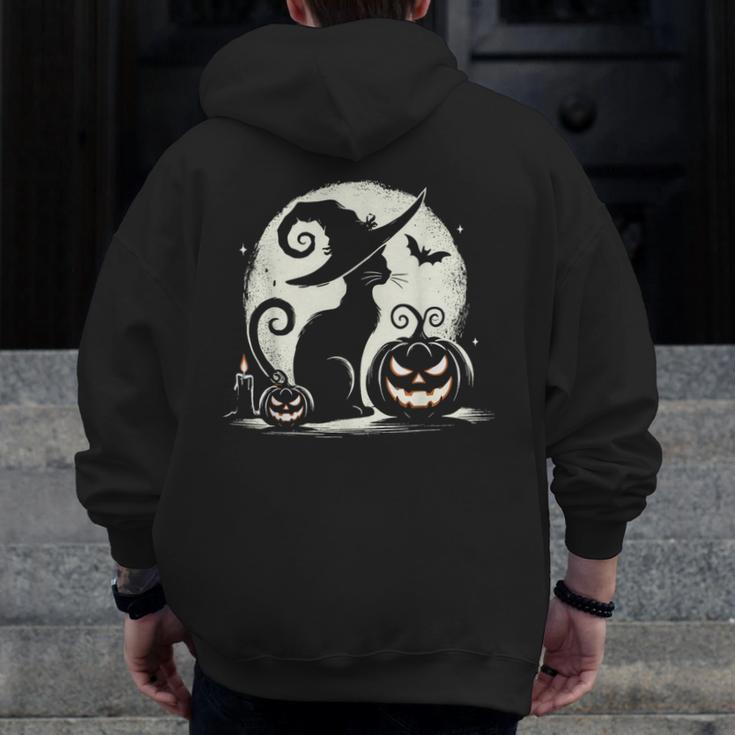 Scary Halloween Cat Costume Retro Cat Moon For Men Women Kids Men Zip Up Hoodie Back Print, funny design