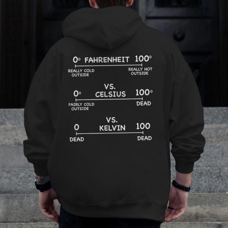 Science Teacher Engineering Temperature Scales Fahrenheit Vs Celsius Vs Kelvin Humorous -Adults - Small Short Sleeve Modern V-Neck Cotton Blend Machine Wash Men Zip Up Hoodie Back Print, Science Teacher Gifts, funny design