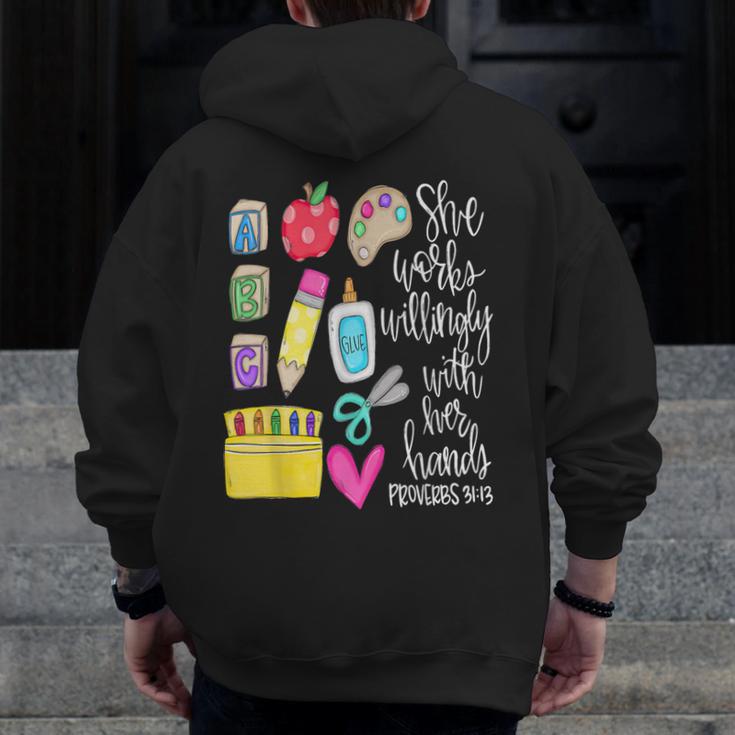 She Works Willingly With Her Hands Proverbs Daycare Teacher Men Women Men Zip Up Hoodie Back Print, funny design She Works Willingly With Her Hands Proverbs Daycare Teacher Men Women Men Zip Up Hoodie Back Print, funny design