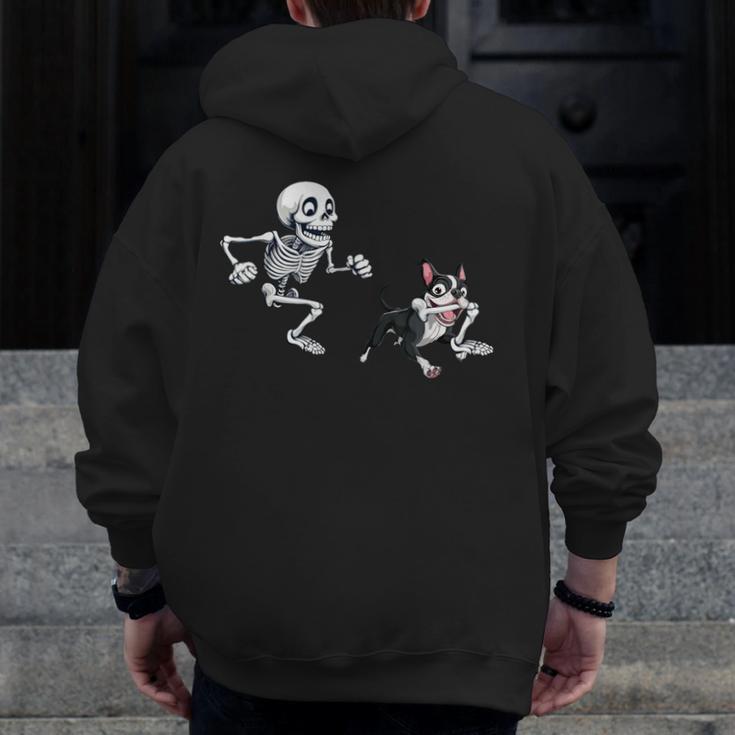 Skeleton Chasing Dog Boston Terrier Halloween Pet Lover Men Zip Up Hoodie Back Print, Boston Terrier Halloween Gifts, funny design
