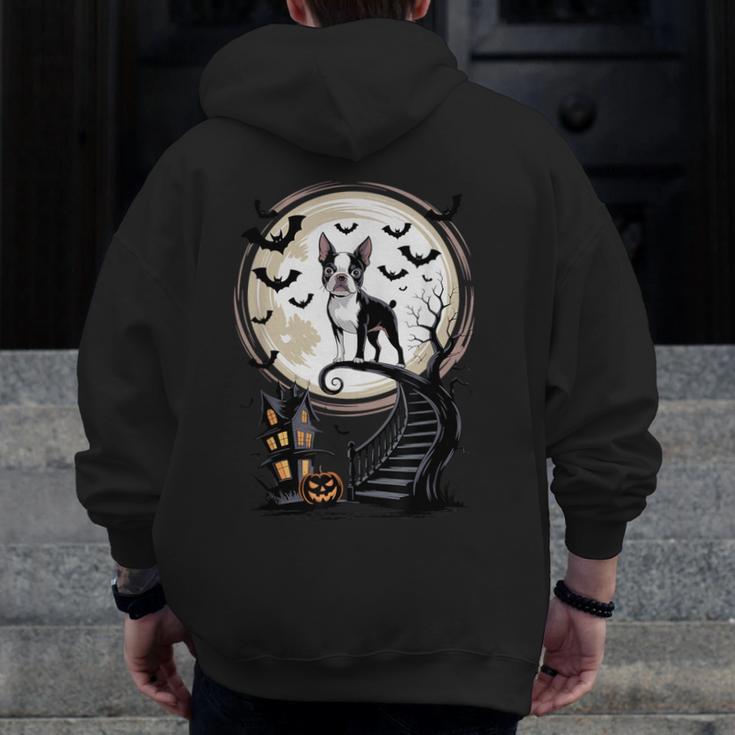 Spooky Halloween Moon Boston Terrier Boston Bull Bostie Men Zip Up Hoodie Back Print, Boston Terrier Halloween Gifts, funny design
