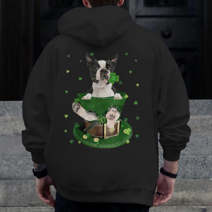 St Patrick's Day Leprechaun Boston Terrier Dog Shamrock For Men Women Kids Men Zip Up Hoodie Back Print, funny design