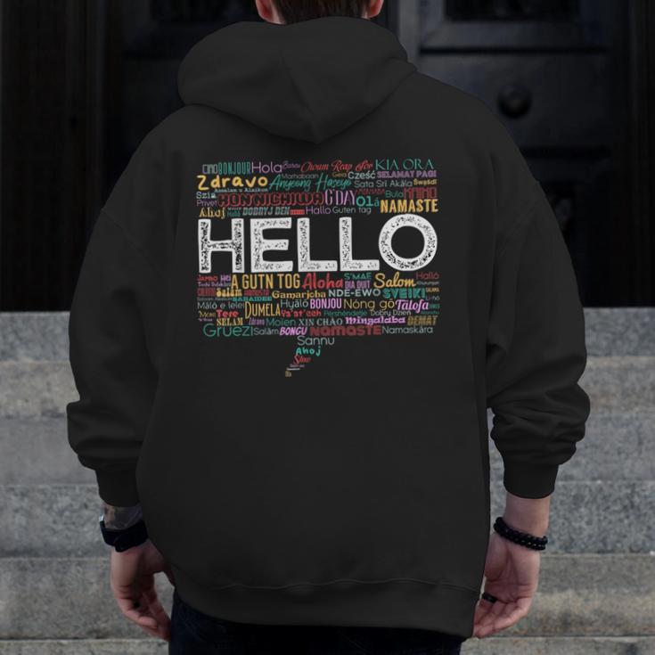 Start With Hello Different World Language Learning Teacher Men Zip Up Hoodie Back Print, funny design Start With Hello Different World Language Learning Teacher Men Zip Up Hoodie Back Print, funny design