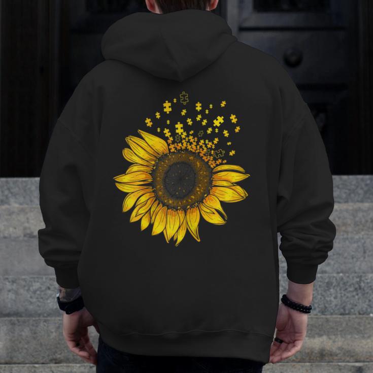 Sunflower Puzzle Pieces Autism Awareness For Mom Teacher For Women Men Zip Up Hoodie Back Print, Couple Gifts, funny design