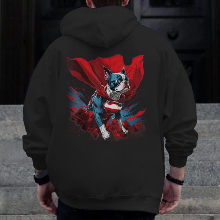 Super Power Superhero Boston Terrier Dog For Men Women Kids Men Zip Up Hoodie Back Print, funny design