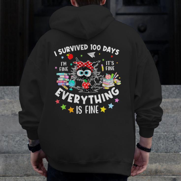 I Survived 100 Days Of School Teacher Kids Cat Lover Men Zip Up Hoodie Back Print, funny design I Survived 100 Days Of School Teacher Kids Cat Lover Men Zip Up Hoodie Back Print, funny design