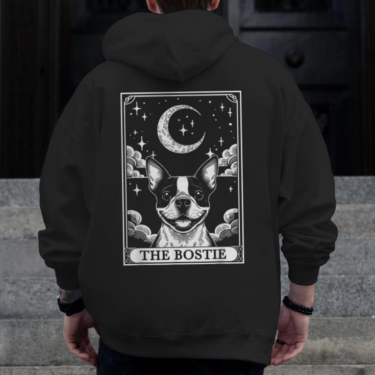 Tarot Card Vintage Crescent Moon Boston Terrier Dog Mom Men Zip Up Hoodie Back Print, Couple Gifts, Mom Gifts, Boston Terrier Tarot Gifts, Boston Terrier Mom Gifts, funny design
