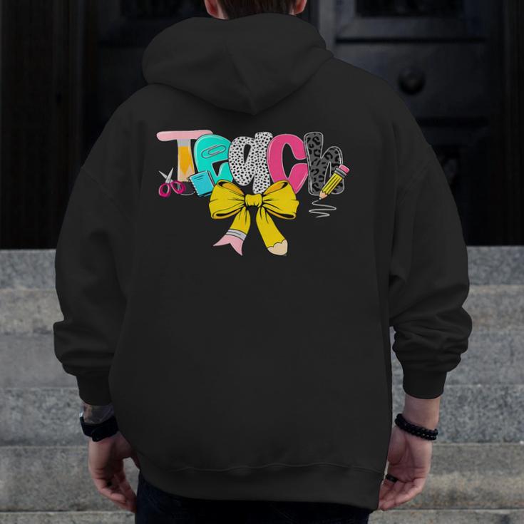 Teach Coquette Bow Teacher Back To School Happy First Day Men Zip Up Hoodie Back Print, funny design Teach Coquette Bow Teacher Back To School Happy First Day Men Zip Up Hoodie Back Print, funny design