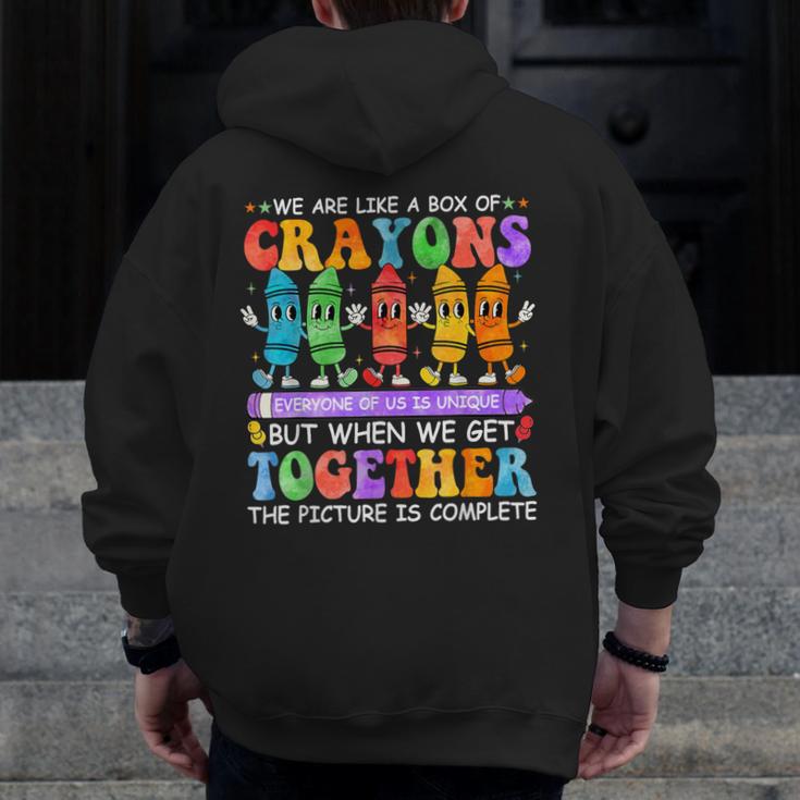 Teacher We Are Like A Box Of Crayons Back To School Men Women Kids Men Zip Up Hoodie Back Print, funny design Teacher We Are Like A Box Of Crayons Back To School Men Women Kids Men Zip Up Hoodie Back Print, funny design