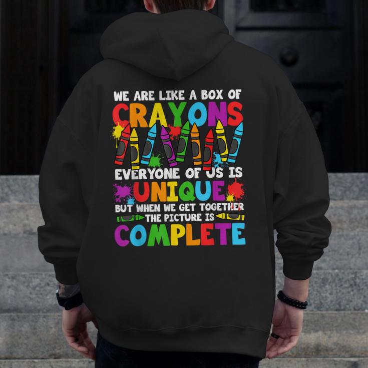 Teacher We Are Like A Box Of Crayons Back To School Men Zip Up Hoodie Back Print, funny design Teacher We Are Like A Box Of Crayons Back To School Men Zip Up Hoodie Back Print, funny design