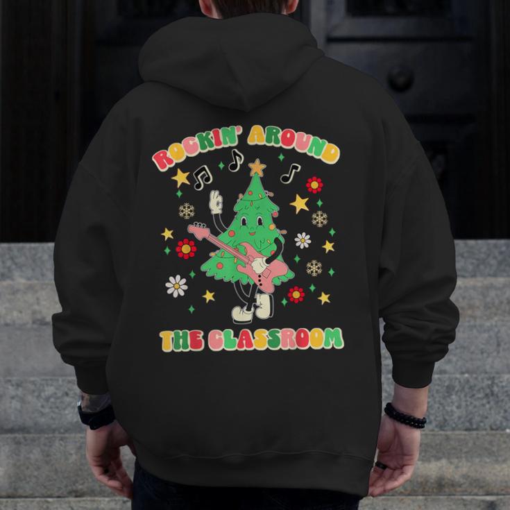 Teacher Christmas Shirts Pajama Matching Rockin' Around The Classroom -Adult Short Sleeve Small Modern Festive Christmas Teacher Xmas Vibes T-Shirt Men Zip Up Hoodie Back Print, funny design