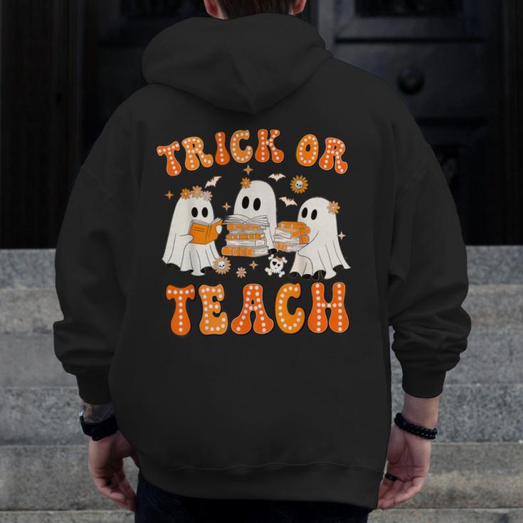 Teacher Halloween Trick Or Teach Retro Groovy Floral Ghost Men Zip Up Hoodie Back Print, Groovy Teacher Gifts, funny design Teacher Halloween Trick Or Teach Retro Groovy Floral Ghost Men Zip Up Hoodie Back Print, Groovy Teacher Gifts, funny design