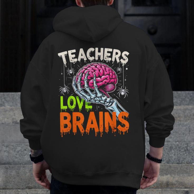 Teachers Love Brains Halloween 2025 Skeleton Costume Men Zip Up Hoodie Back Print, funny design