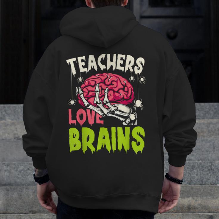 Teachers Love Brains Skeleton Halloween Teacher Funny Men Zip Up Hoodie Back Print, funny design