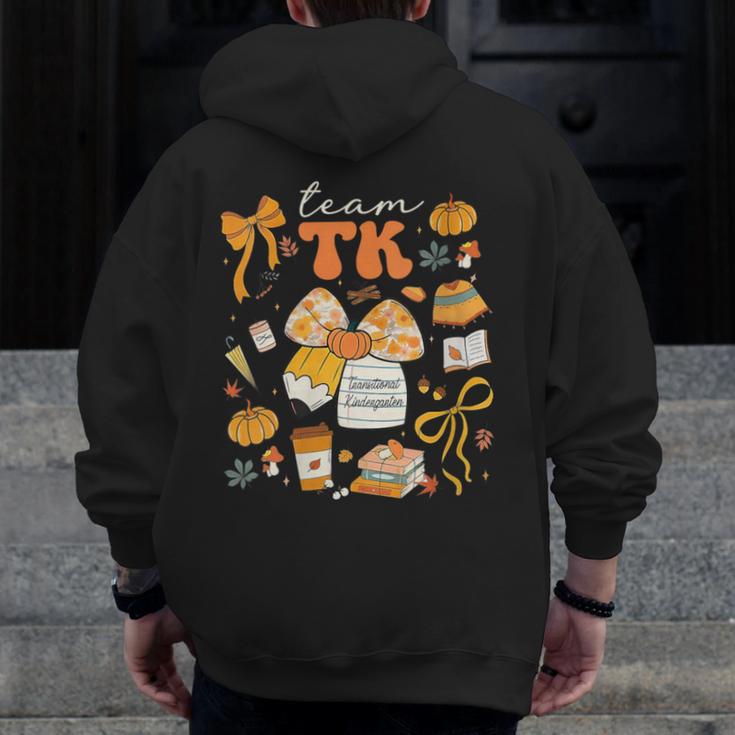 Team TK Crew Preppy Coquette Bow Pumpkin Fall TK Teacher Men Zip Up Hoodie Back Print, funny design