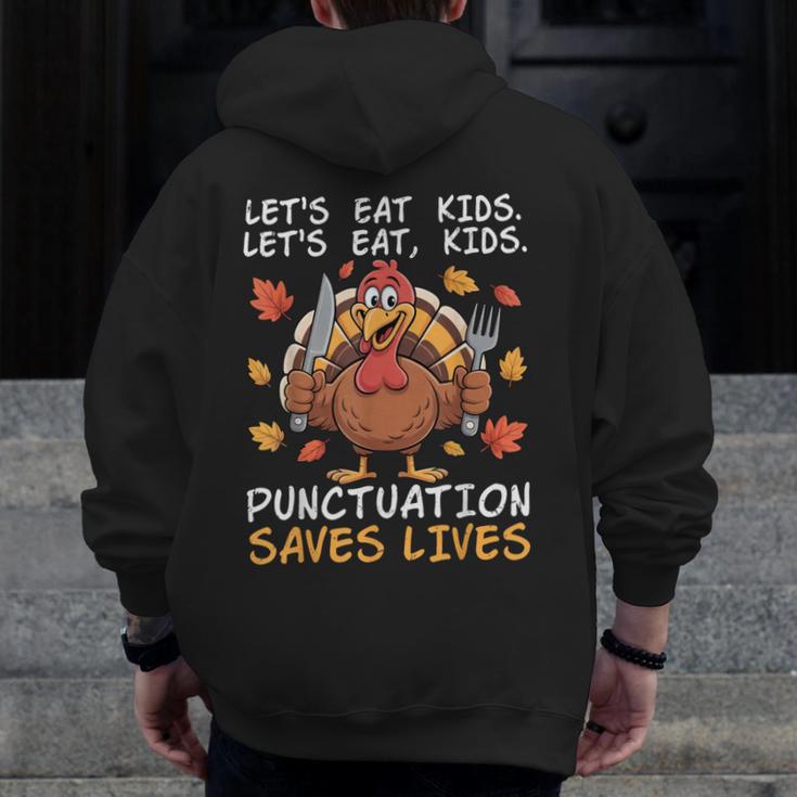 Thanksgiving Teacher Turkey Lets Eat Kids Punctuation Men Zip Up Hoodie Back Print, funny design