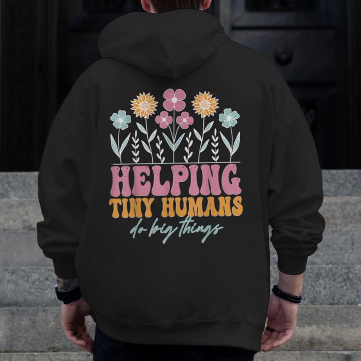 Tiny People Help Do Big Things Nursery Teacher Men Zip Up Hoodie Back Print, funny design