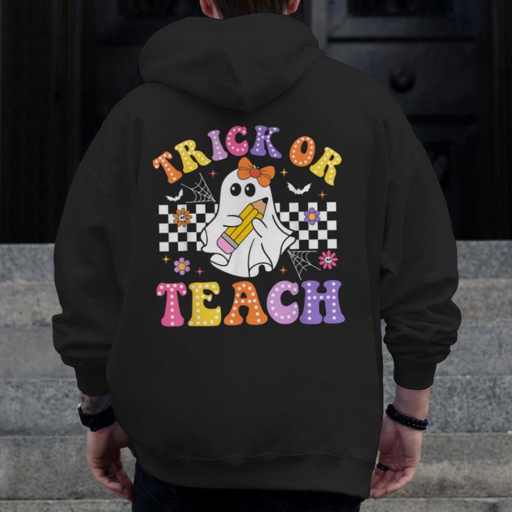 Trick Or Teach Groovy Halloween Teachers Men Zip Up Hoodie Back Print, funny design Trick Or Teach Groovy Halloween Teachers Men Zip Up Hoodie Back Print, funny design