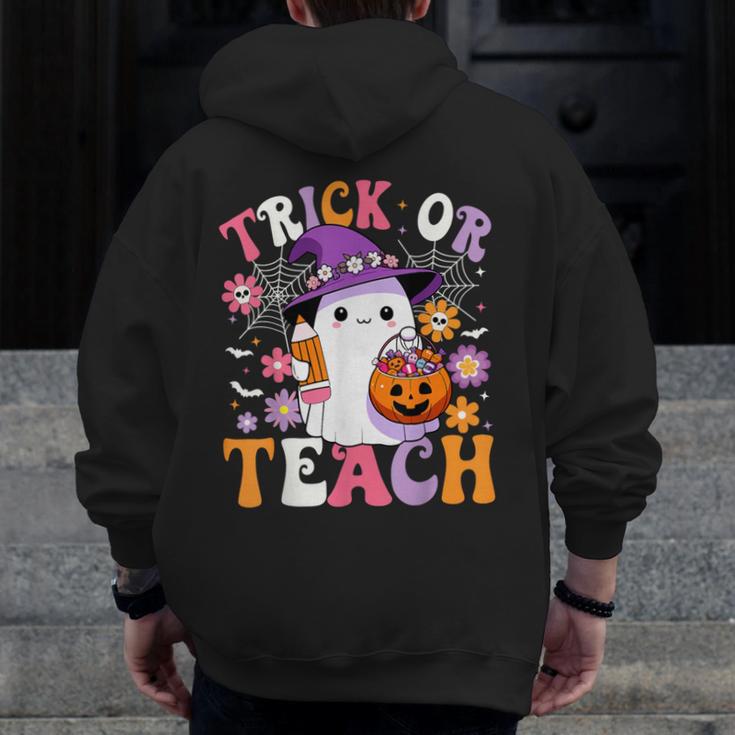 Trick Or Teach Groovy Teacher Ghost Halloween Teacher Men Zip Up Hoodie Back Print, Groovy Teacher Gifts, funny design