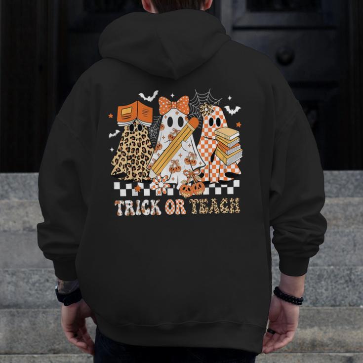 Trick Or Teach Groovy Teacher Halloween Floral Ghost Men Zip Up Hoodie Back Print, Groovy Teacher Gifts, funny design