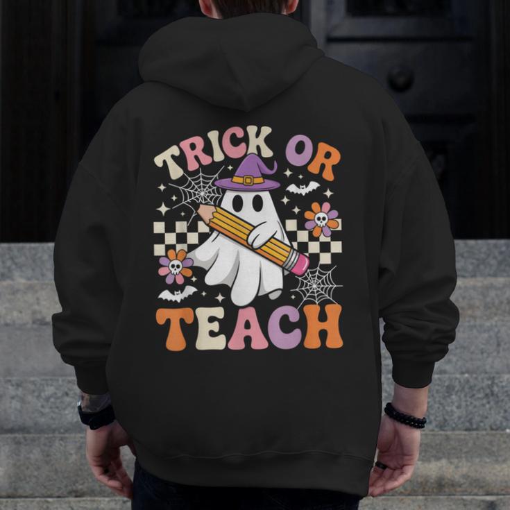 Trick Or Teach Groovy Teacher Halloween Retro Ghost Men Zip Up Hoodie Back Print, Groovy Teacher Gifts, funny design Trick Or Teach Groovy Teacher Halloween Retro Ghost Men Zip Up Hoodie Back Print, Groovy Teacher Gifts, funny design