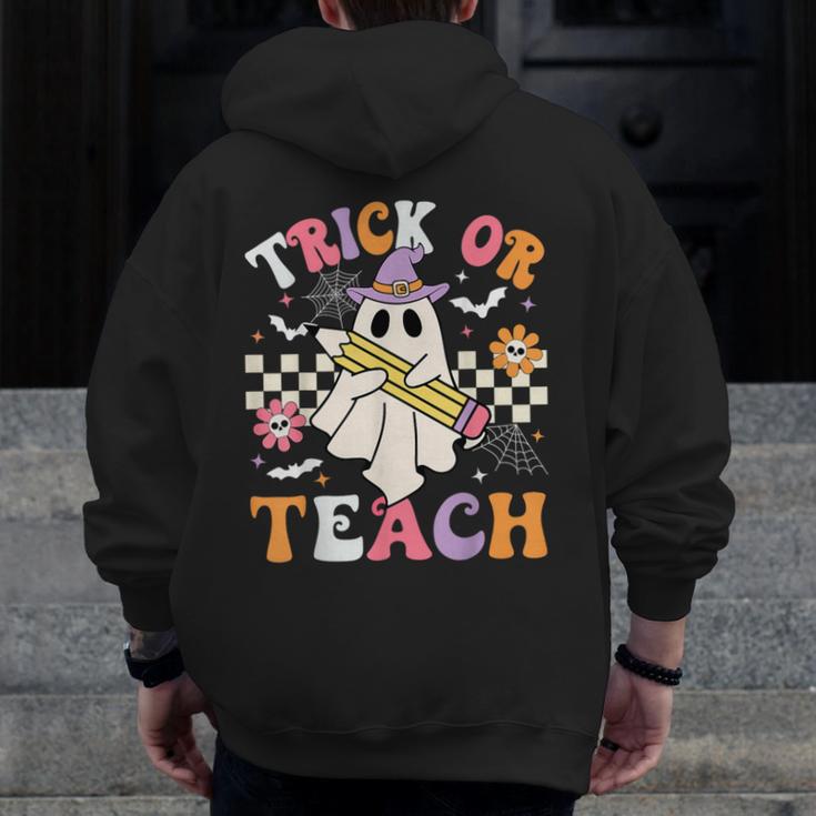 Trick Or Teach Groovy Teacher Halloween Retro Teacher Ghost Men Zip Up Hoodie Back Print, Groovy Teacher Gifts, funny design