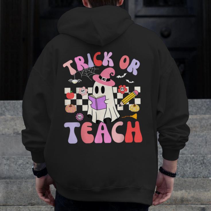 Trick Or Teach Halloween Teacher Floral Ghost Groovy Men Zip Up Hoodie Back Print, Groovy Teacher Gifts, funny design