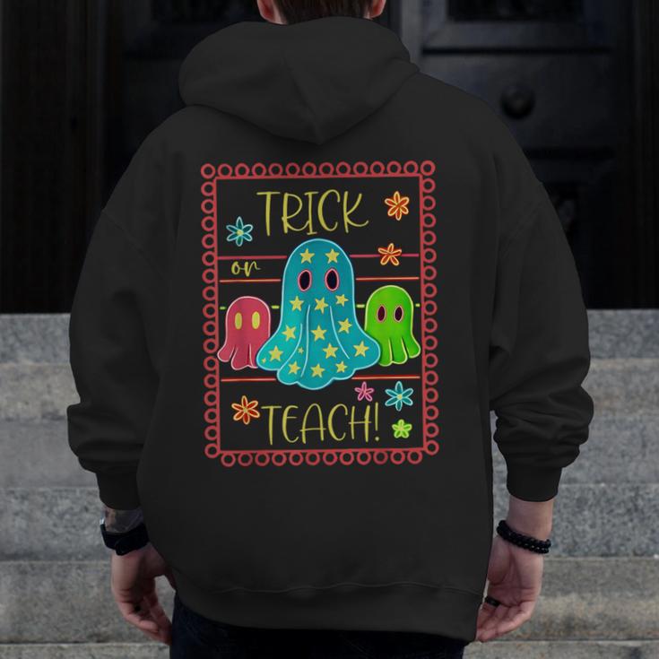 Trick Or Teach Neon Ghost Flower Teacher Spooky Halloween Men Zip Up Hoodie Back Print, funny design