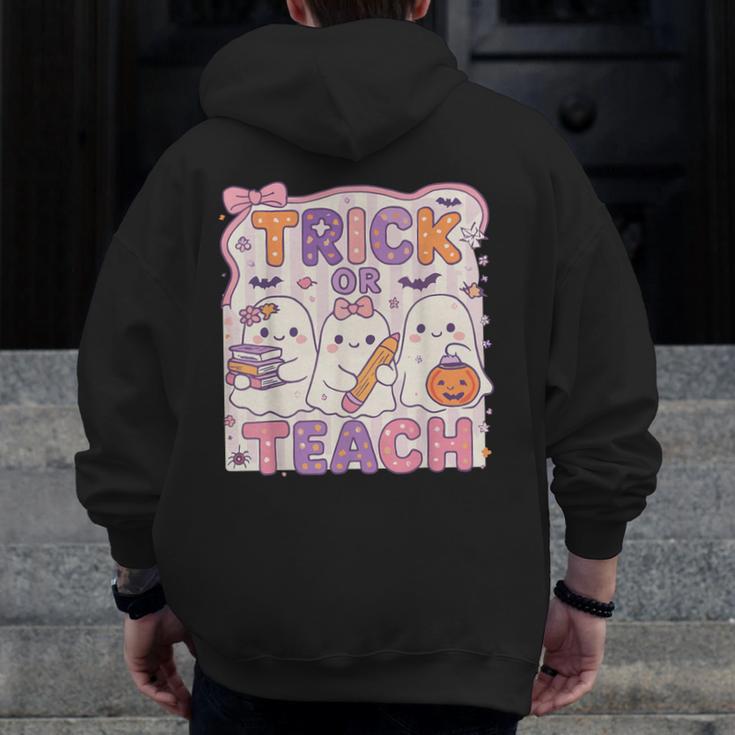 Trick Or Teach Retro Halloween Teacher Look Men Zip Up Hoodie Back Print, funny design Trick Or Teach Retro Halloween Teacher Look Men Zip Up Hoodie Back Print, funny design