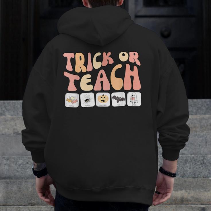 Trick Or Teach With Symbols Special Education Teacher Spooky Men Zip Up Hoodie Back Print, funny design