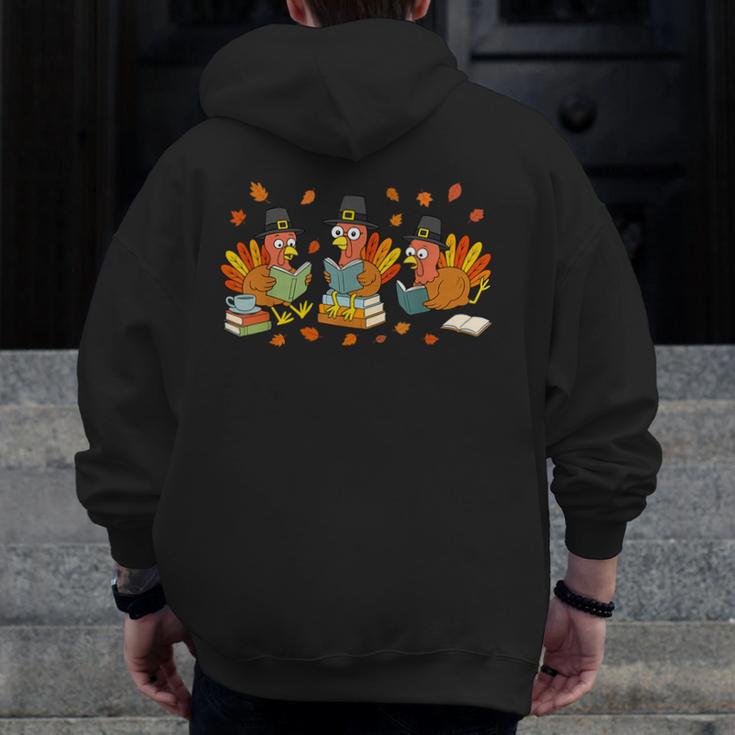 Turkey Reading Books Fall Thanksgiving Teacher Student Men Zip Up Hoodie Back Print, funny design