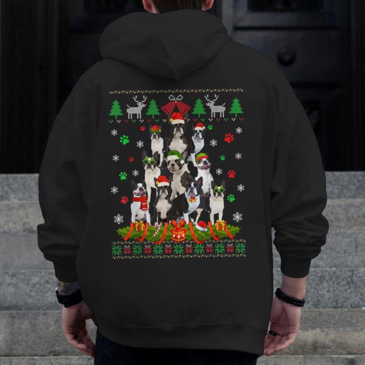Ugly Sweater Christmas Tree Boston Terrier Dog Xmas Pajama Men Zip Up Hoodie Back Print, Boston Terrier Christmas Gifts, funny design