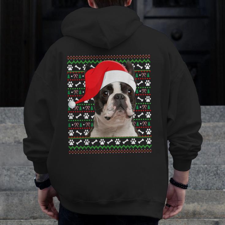 Ugly Xmas Sweater Santa Boston Terrier Dog Christmas For Men Women Kids Men Zip Up Hoodie Back Print, Boston Terrier Christmas Gifts, funny design