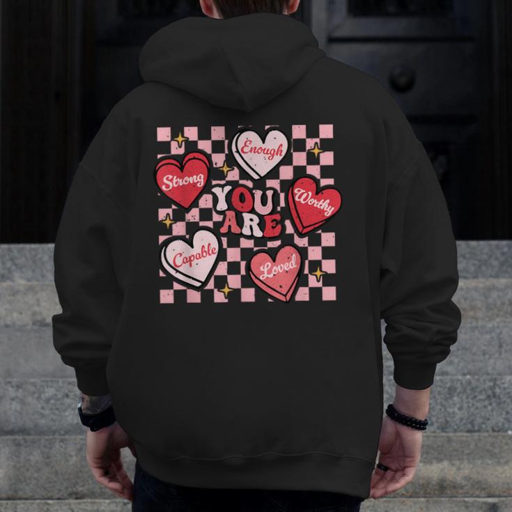 Valentine You Are Loved Worthy Enough Candy Heart Teacher For Men Women Girls Kids Men Zip Up Hoodie Back Print, funny design