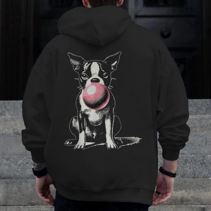 Vintage Boston Terrier Blowing Bubble Gum American Gentleman Men Zip Up Hoodie Back Print, American Boston Terrier Gifts, funny design