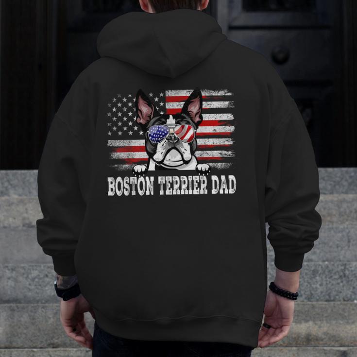 Vintage Boston Terrier Dad American Flag Father's Day Men Zip Up Hoodie Back Print, Couple Gifts, Boston Terrier Dad Gifts, American Boston Terrier Gifts, funny design