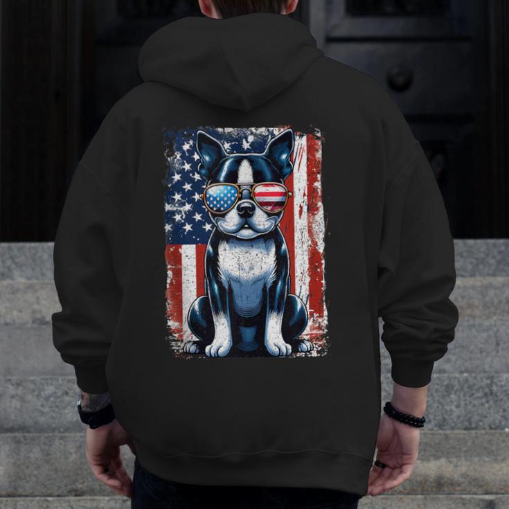 Vintage Boston Terrier Dog American USA US Flag Pets Lovers Men Zip Up Hoodie Back Print, American Boston Terrier Gifts, funny design