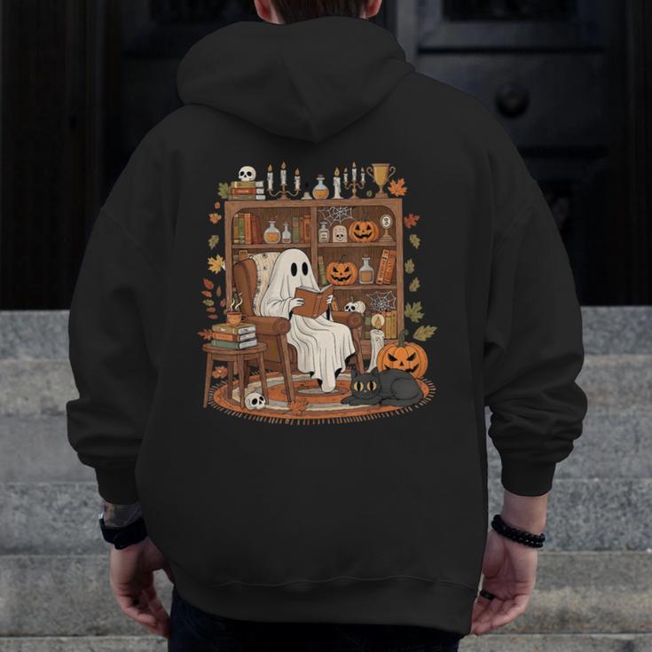Vintage Ghost Book Reading Pumpkin Gothic Halloween Teachers Men Zip Up Hoodie Back Print, funny design