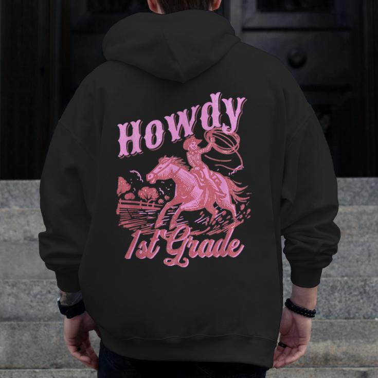 Vintage Howdy First Grade Cowgirl Teacher Western School Men Zip Up Hoodie Back Print, First Grade Teacher Gifts, funny design