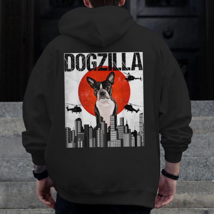 Vintage Japanese Dogzilla Boston Terrier Men Zip Up Hoodie Back Print, funny design