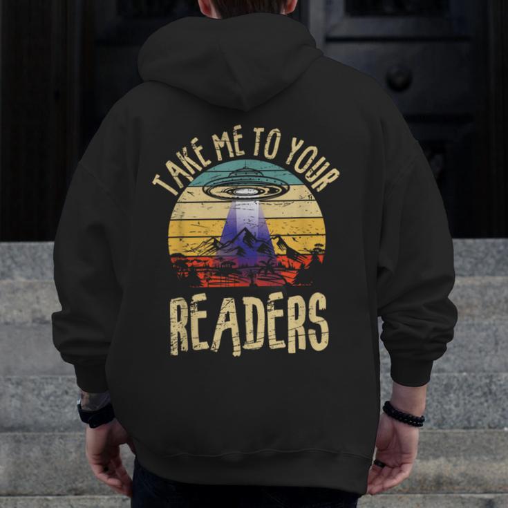 Vintage Take Me To Your Readers English Teacher Alien Space Men Women Men Zip Up Hoodie Back Print, English Teacher Gifts, funny design